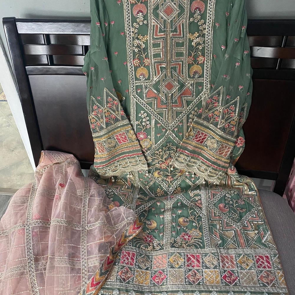 Embroidered Green and Pink Traditional Dress